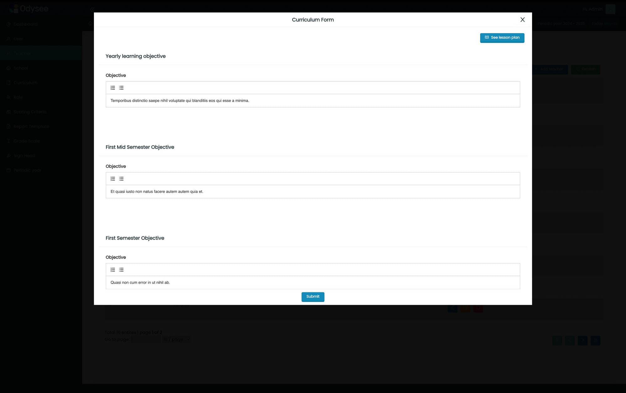 Curriculum Form for Odysee LMS System