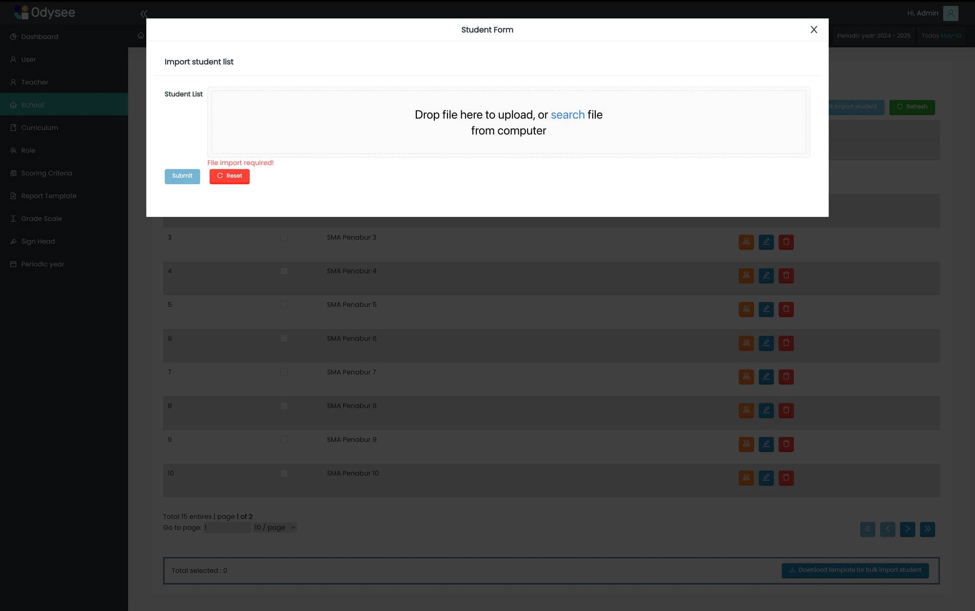 Import Student Form for Odysee LMS System