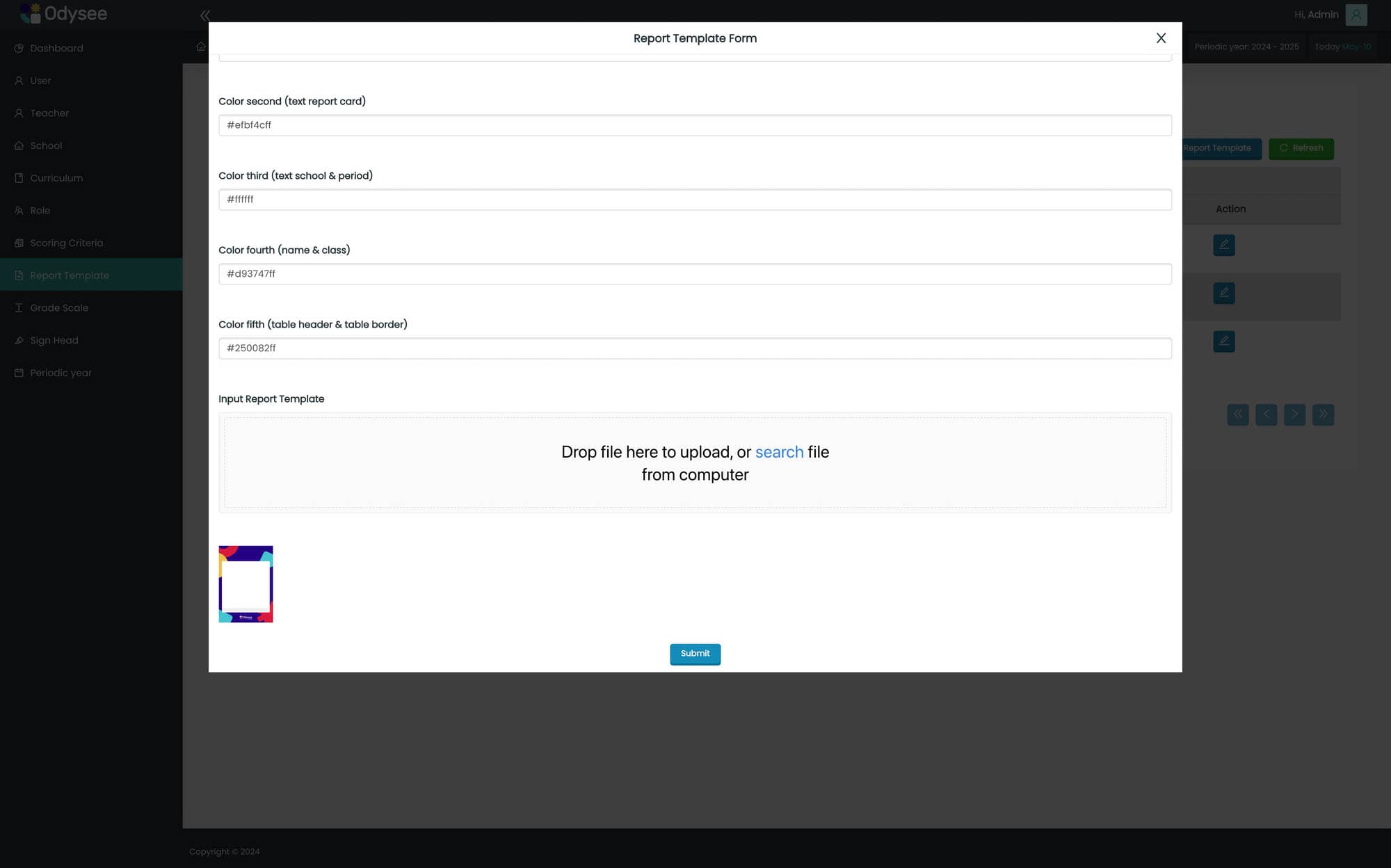 Report Template Setting (continued) for Odysee LMS System